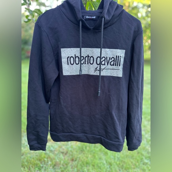 Roberto Cavalli Tops - Authentic Roberto Cavalli Black Sparkle Logo | Cotton Hoodie Women's Luxury | S